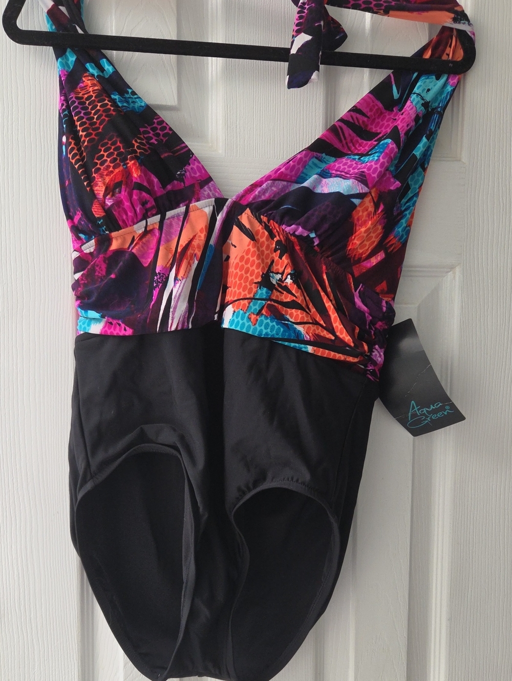Aqua Green Black One-Piece Swimsuit with Multicolor Printed Bust